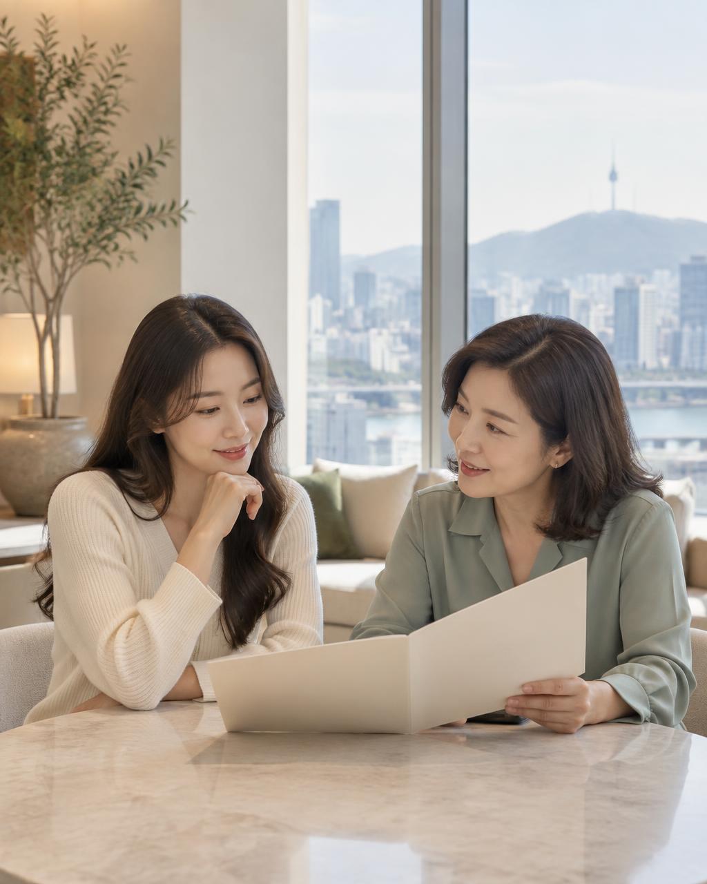 Illustrative scene of a traveller discussing trip plans with a coordinator in Seoul